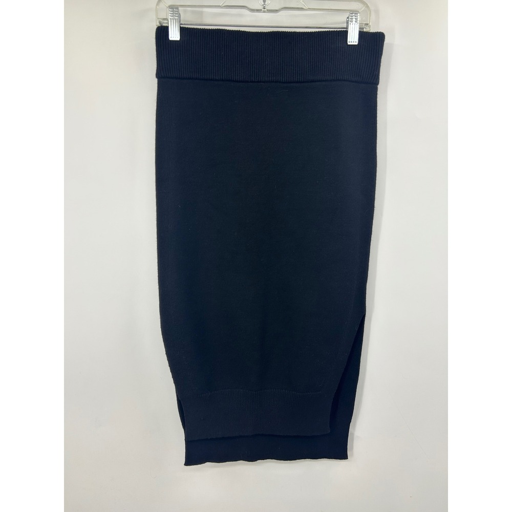DKNY Black Knit Midi Skirt Side Slit Ribbed Waistband Size Small